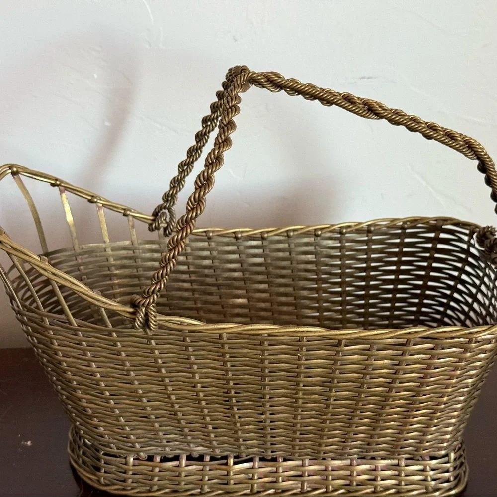 Antique French Brass Gold‎ Woven Basket wine holder caddy